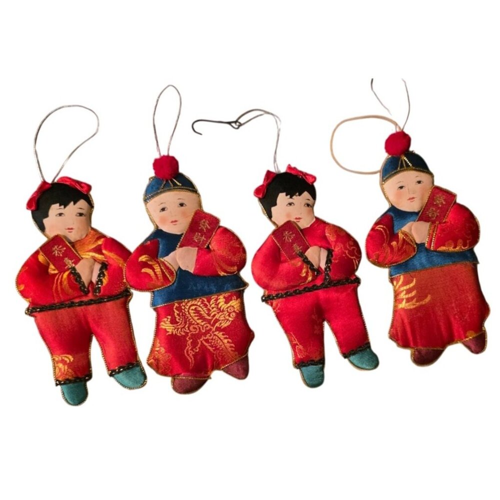 4 Vintage Ornament Dolls Fabric Asian-Inspired In Red & Blue With Gold Accents